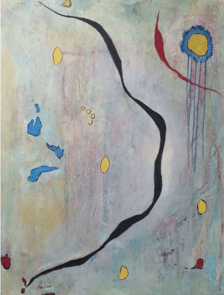 Abstract schilderij: een zwarte lijn wervelend over een lichtblauwe, gevlekte achtergrond. Door Jan Van Pelt.