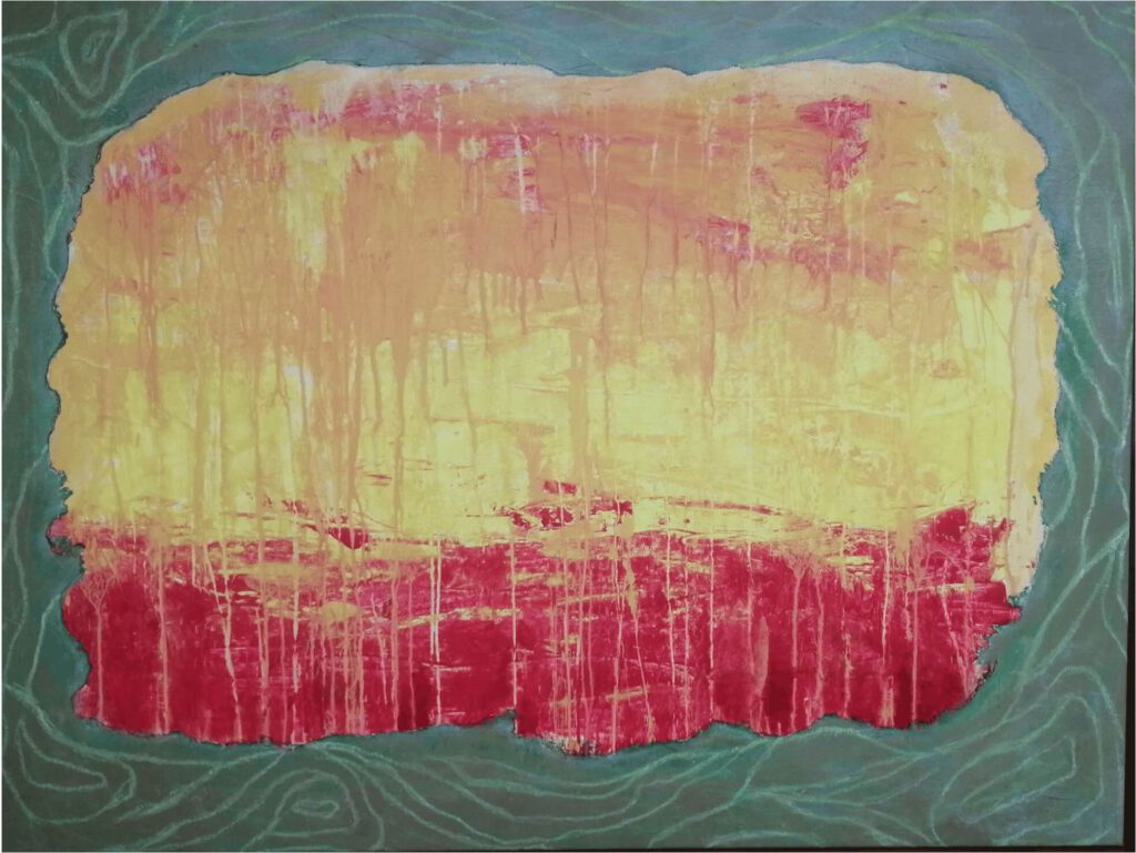 Abstract schilderij: kleurrijke en warme impressie van een bolster. Door Jan Van Pelt.