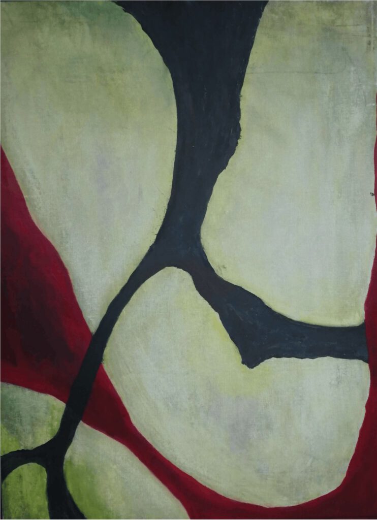 Abstract schilderij: mannelijke danser, geaard en ten hemel reikend. Door Jan Van Pelt.