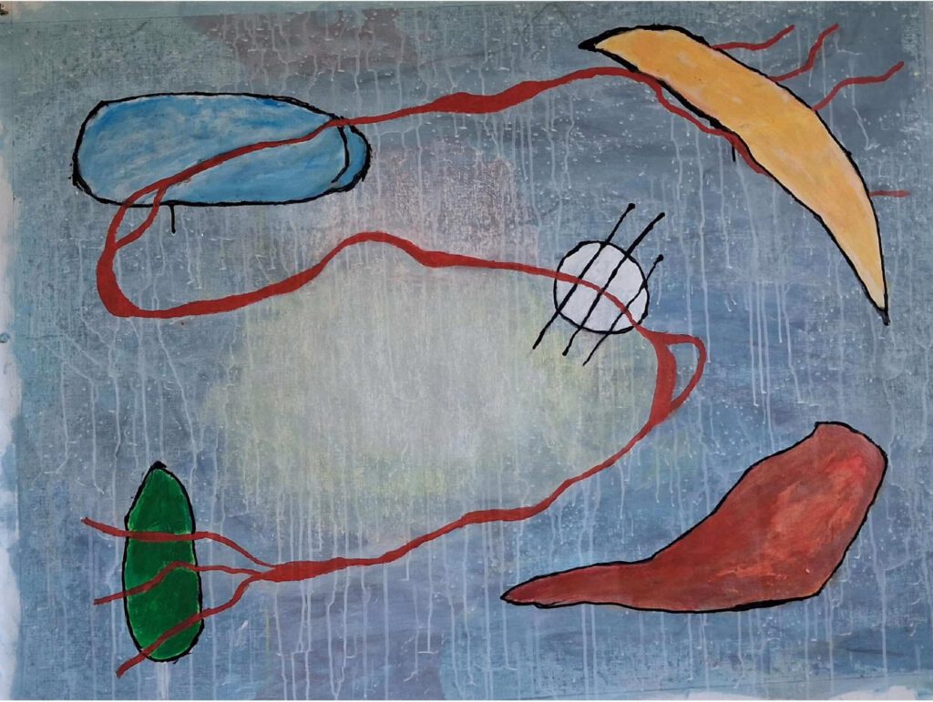 Abstract, kleurrijk schilderij dat een kronkelend pad toont