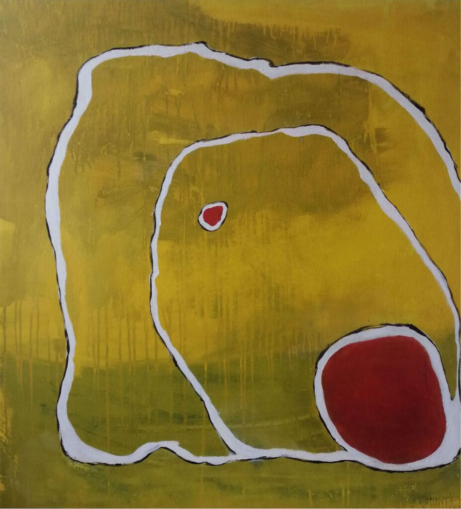 Abstract schilderij met witte meanderende lijn en een kleine en een grote dieporanje ronde schijf  over vuil-geel-groene achtergrond. 